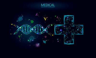 Medical cross DNA gene therapy concept. Medical consultation app. Web healthcare diagnosis geometric modern hospital network banner. Drugstore market background low poly