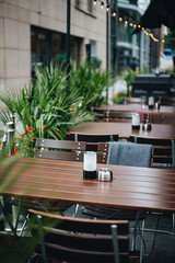 Outdoor wooden table at a restaurant