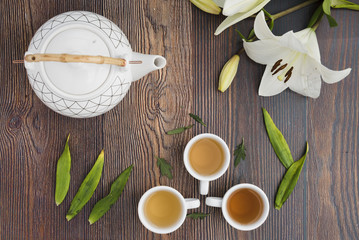 Top view cup of coffee with plants