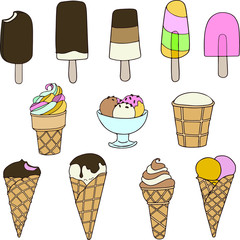 Hand drawn vector set a collection of ice cream. Summer delicious, gelato ice cream, wafer cone, caramel eskimo or chocolate glaze sundae, fruit ice, fresh vanilla scoops in glass bow