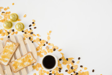 Top view cup of coffee with cereals