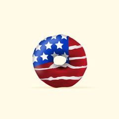 An altrnative view of Stars and Stripes, flag of United States of America as a sweets, donut on yellow background. Modern design. Contemporary art. Creative conceptual and colorful collage.