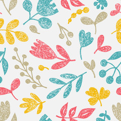 Seamless floral pattern. Plants doodle print. Decorative flowers and leaves drawn in chalk by hand. Summer spring background. Vector illustration.