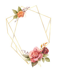 Watercolor vector autumn frame with roses, leaves iand gold geometric frame.