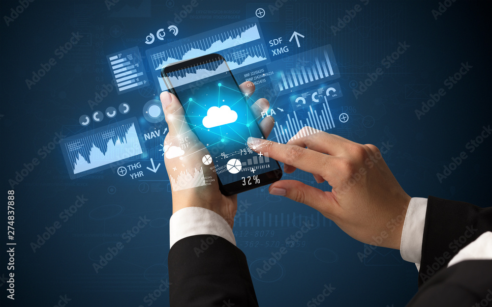 Aufkleber female hand using smartphone with financial tracking concept illustrated by graphs and symbols