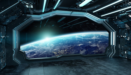 Fototapeta premium Dark blue spaceship futuristic interior with window view on planet Earth 3d rendering