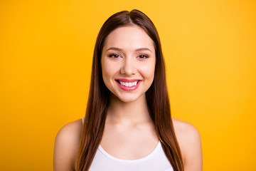 Close up photo beautiful amazing she her lady ideal plump lips sincere kind self-confident easy-going listening great good news novelty wear casual white tank-top isolated bright yellow background