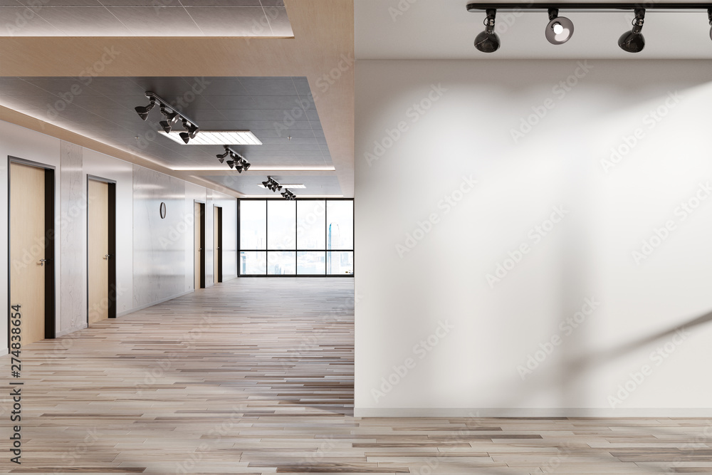 Poster Blank wall in office mockup with large windows and sun passing through 3D rendering