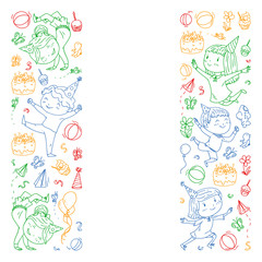 Vector illustration in cartoon style, active company of playful preschool kids jumping, at a party, birthday, colorful pen.