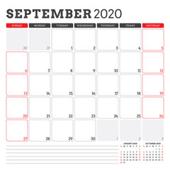 Calendar planner for September 2020. Week starts on Sunday. Printable vector stationery design template