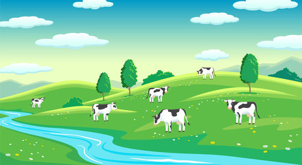 Colorful farm summer landscape, blue clear sky with sun, cows on field
