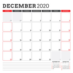 Calendar planner for December 2020. Week starts on Sunday. Printable vector stationery design template