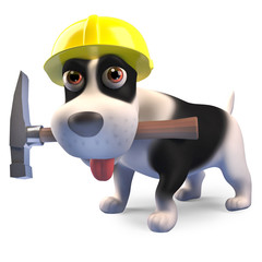 Construction worker puppy dog with hammer and wearing safety helmet, 3d illustration