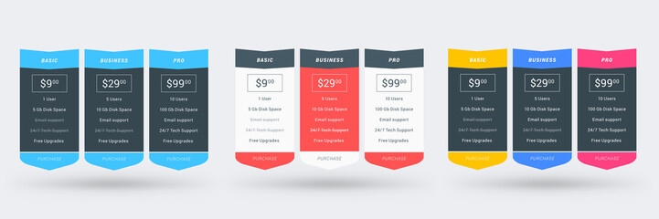 Pricing table design template for websites and applications. Set of three different color variations. Vector pricing plans. Flat style vector illustration