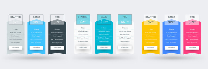Pricing table design template for websites and applications. Set of three different color variations. Vector pricing plans. Flat style vector illustration