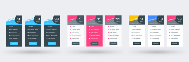Pricing table design template for websites and applications. Set of three different color variations. Vector pricing plans. Flat style vector illustration
