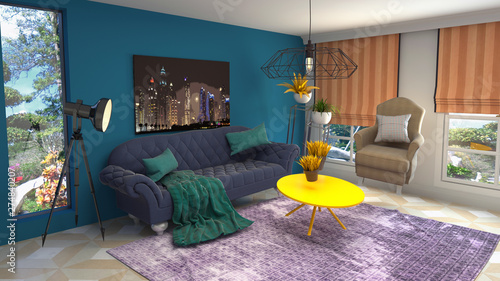 Zero Gravity Sofa Hovering In Living Room 3d Illustration