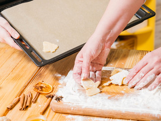 Holiday cookies recipe. Closeup of female hands arranging fir tree and mitten shaped dough on sheet...