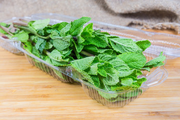 Fresh mint in the open plastic container close-up