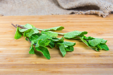 Fresh mint on the wooden surface close-up