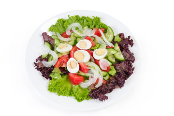 Vegetable salad with boiled quail eggs on the white dish
