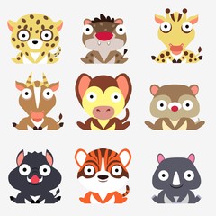 Set of cute logos with animals. Leopard, hyena, giraffe, antelope, monkey, mongoose, boar, tiger and Rhino isolated on white background.
