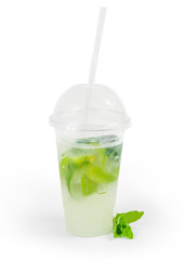 Mojito in plastic cup, mint on a white background