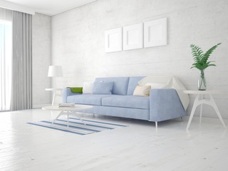Mock up bright living room with compact comfortable sofa and trendy hipster backdrop.