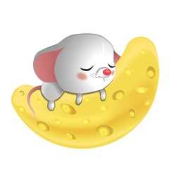 White cute mouse sleeping on a slice of cheese on a white background.