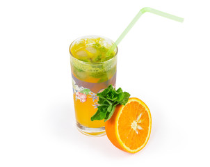Cold orange drink, mint, half of orange on white background