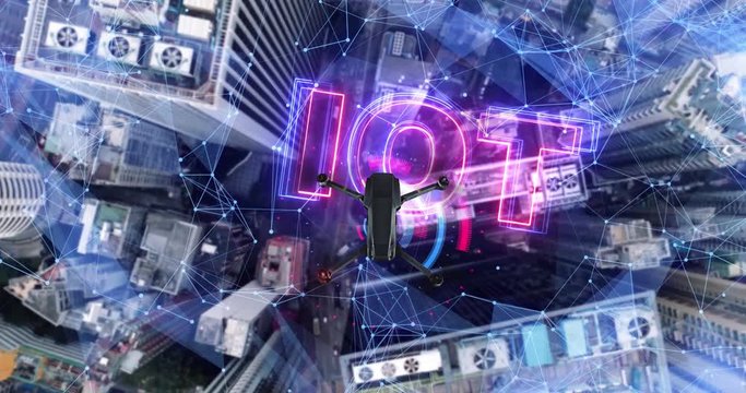 AERIAL. Animation of drone flying above city Futuristic lines and technology concept