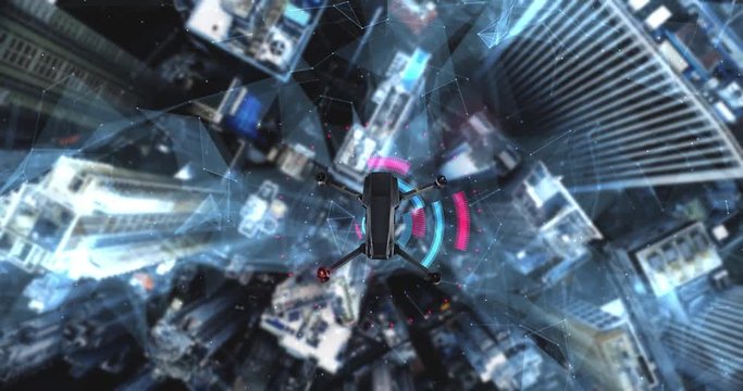 AERIAL. Animation of drone flying above city Futuristic lines and technology concept