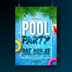 Summer pool party poster design template with palm leaves, water, beach ball and float on blue ocean landscape background. Vector holiday illustration for banner, flyer, invitation, poster.