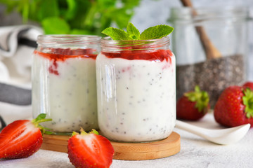 Yogurt with chia seeds and strawberries for breakfast. Good morning.