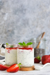 Yogurt with chia seeds and strawberries for breakfast. Good morning.