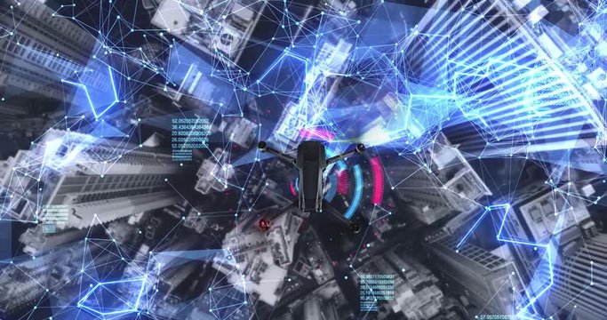 AERIAL. Animation of drone flying above city Futuristic lines and technology concept
