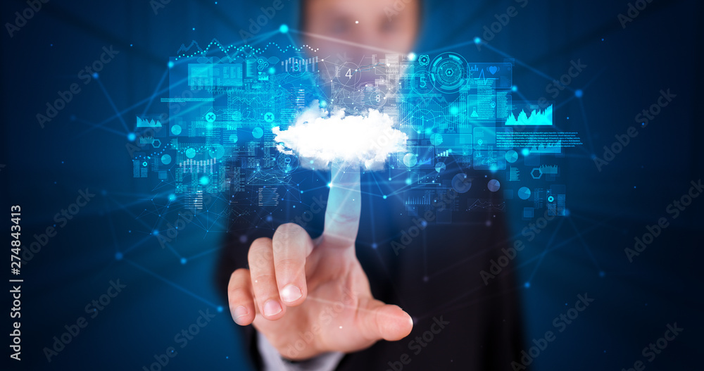 Poster Man touching hologram projection displaying information from cloud based system
