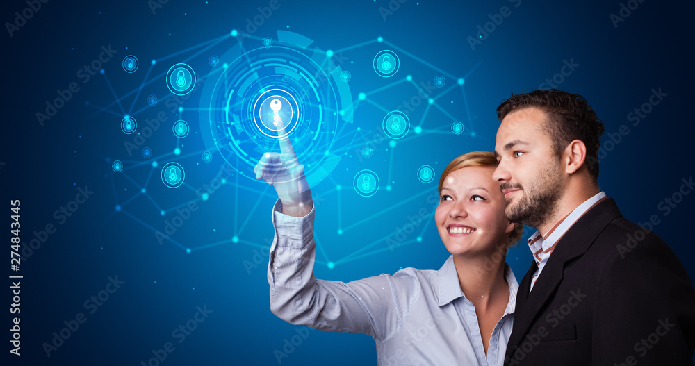 Poster Man touching hologram screen displaying keys and locks