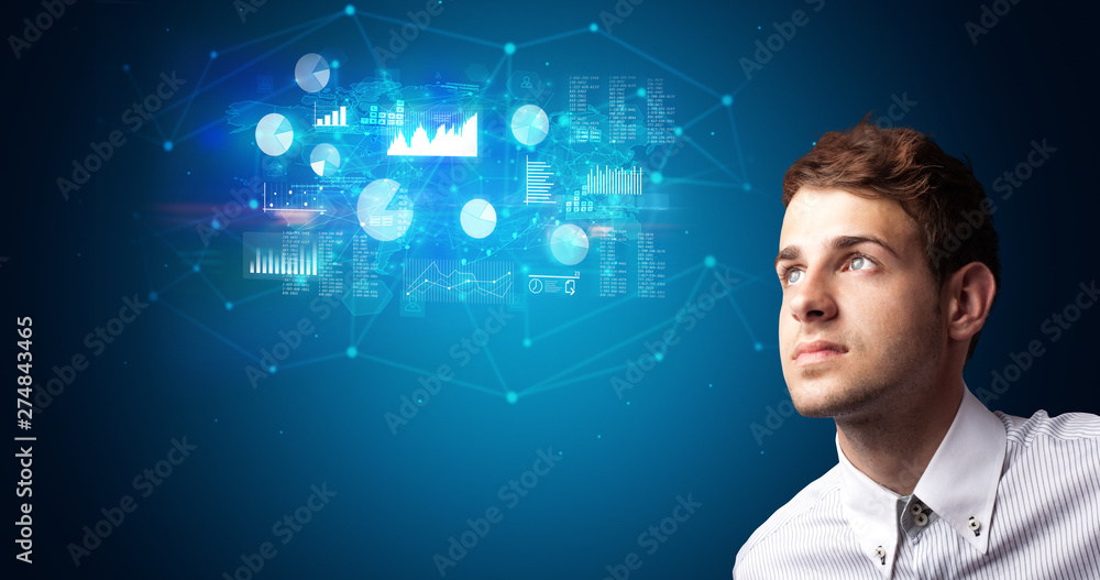 Aufkleber Man accessing modern hologram personal database with fingerprint identification