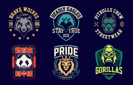 Emblem design templates with different animals mascots. Sport team badges designs. Vector set.