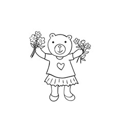 Hand drawn sketched illustration of cartoon bear. Funny wild animal with bouquets of flowers. Coloring book, card, poster element.