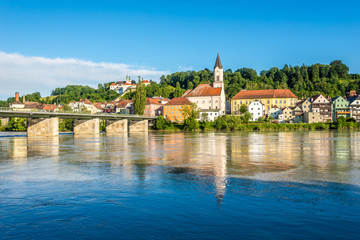 Fototapeta na wymiar View at the Inn river with St.Gertarud church in Passau - Germany