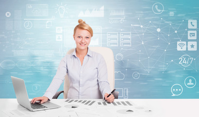 Business person at front desk with workflow concept
