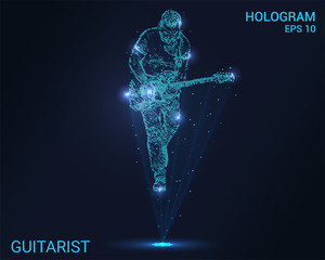 The hologram guitarist. Holographic projection of a guitar player. Flickering energy flux of particles. Scientific music design. - obrazy, fototapety, plakaty