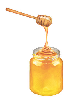 recommend clip art: Watercolor golden honey flowing from the stick to the bottle