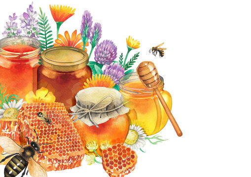 Watercolor honey bottles surrounded by honeycombs, meadow flowers and bees