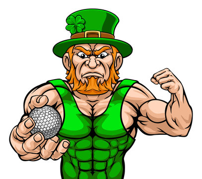 A leprechaun golf sports mascot holding a ball
