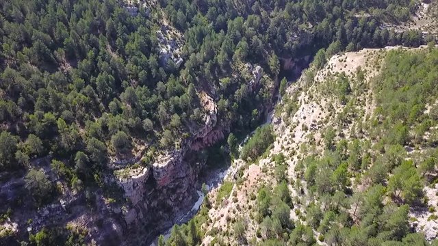 Drone flying over the throat of the Pitarque river in Teruel (Spain)