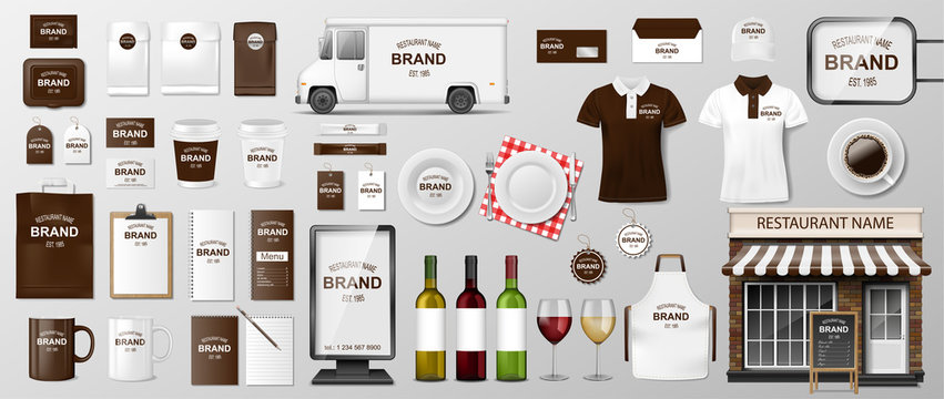 Corporate Branding identity template design for restaurant Coffee, Cafe, Fast food. Realistic set of uniform, delivery truck, food cart, street menu and package MockUp. Vector illustration
