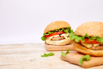 Craft beef burger  on wooden table on light background